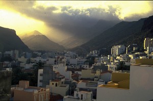 San Sebastian, Canary Islands - looking up towards the clouds, hiding the rainforest.