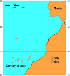 Map of the Canary Islands - just off the west coast of Africa.